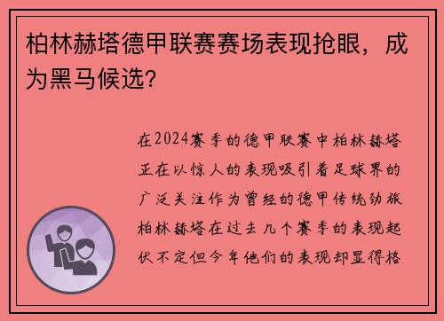 柏林赫塔德甲联赛赛场表现抢眼，成为黑马候选？