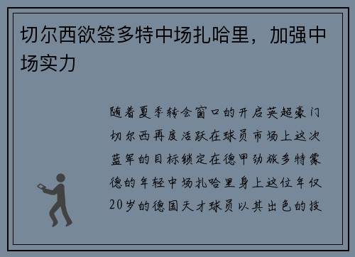 切尔西欲签多特中场扎哈里，加强中场实力