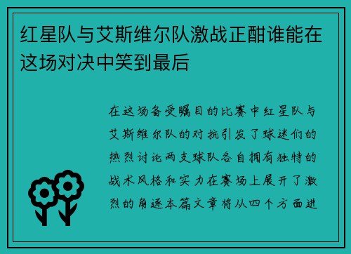 红星队与艾斯维尔队激战正酣谁能在这场对决中笑到最后