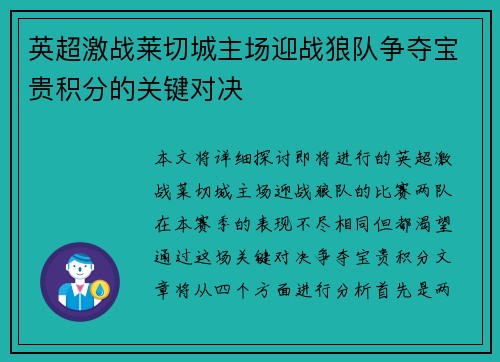 英超激战莱切城主场迎战狼队争夺宝贵积分的关键对决