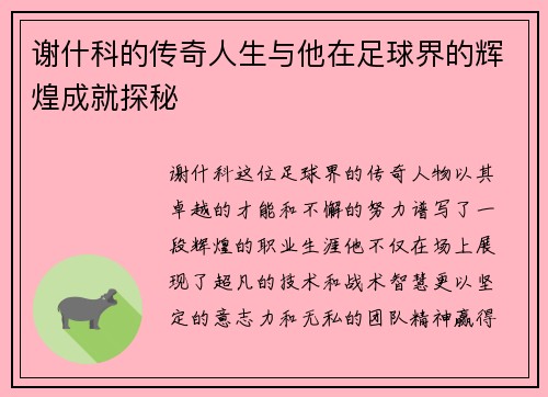 谢什科的传奇人生与他在足球界的辉煌成就探秘