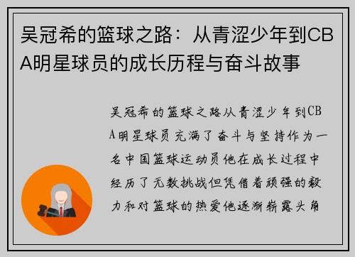 吴冠希的篮球之路：从青涩少年到CBA明星球员的成长历程与奋斗故事