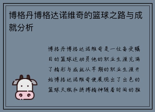 博格丹博格达诺维奇的篮球之路与成就分析