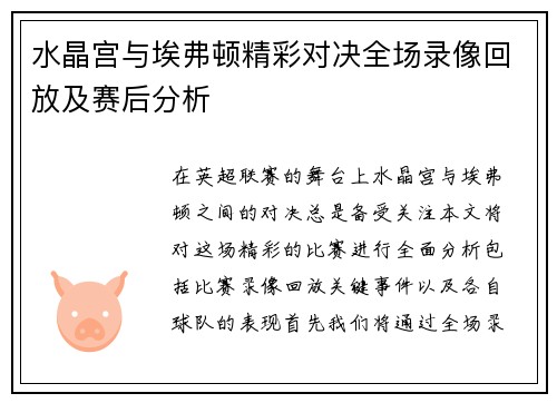 水晶宫与埃弗顿精彩对决全场录像回放及赛后分析
