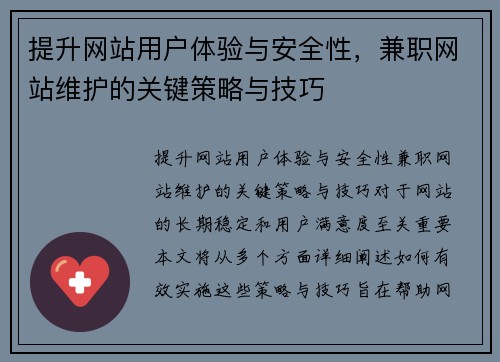 提升网站用户体验与安全性，兼职网站维护的关键策略与技巧