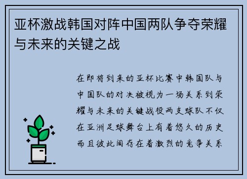 亚杯激战韩国对阵中国两队争夺荣耀与未来的关键之战