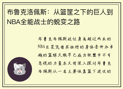 布鲁克洛佩斯：从篮筐之下的巨人到NBA全能战士的蜕变之路
