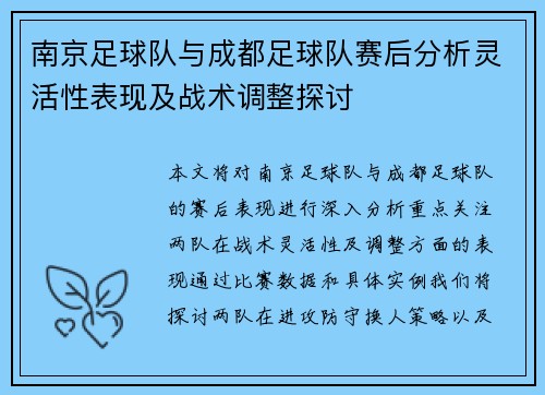 南京足球队与成都足球队赛后分析灵活性表现及战术调整探讨