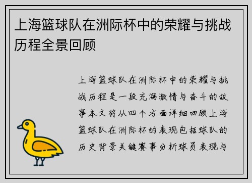 上海篮球队在洲际杯中的荣耀与挑战历程全景回顾