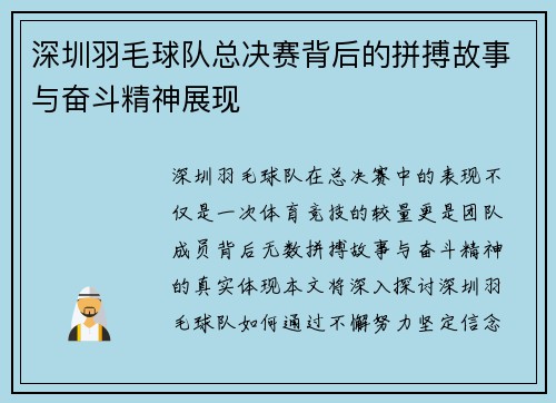 深圳羽毛球队总决赛背后的拼搏故事与奋斗精神展现
