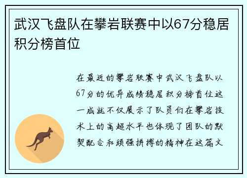 武汉飞盘队在攀岩联赛中以67分稳居积分榜首位
