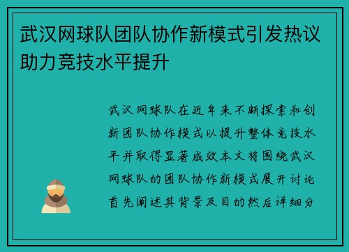 武汉网球队团队协作新模式引发热议助力竞技水平提升