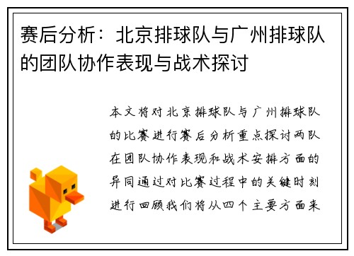 赛后分析：北京排球队与广州排球队的团队协作表现与战术探讨
