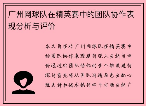 广州网球队在精英赛中的团队协作表现分析与评价