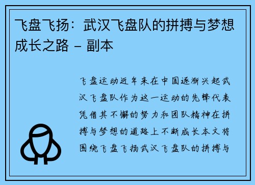 飞盘飞扬：武汉飞盘队的拼搏与梦想成长之路 - 副本