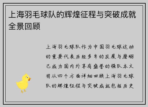 上海羽毛球队的辉煌征程与突破成就全景回顾